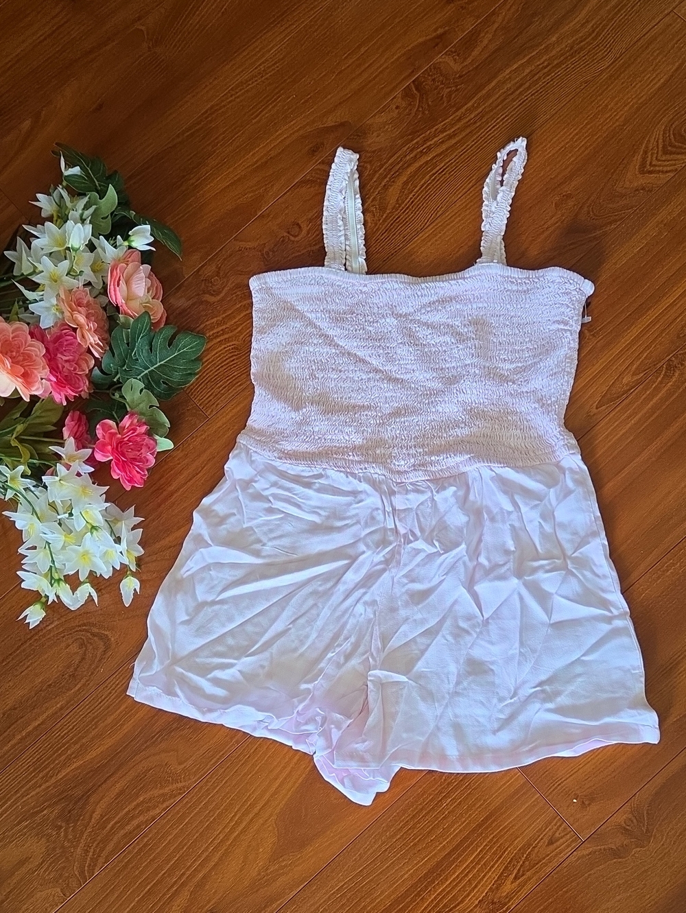 Madden Girl Pink/White Plaid Smocked Romper with Ruffle Straps Size Girls Large